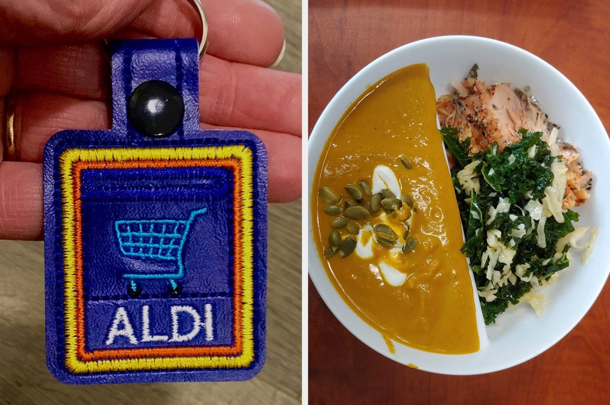 Patch keychain with shopping cart design; bowl of soup with seeds, kale salad, and salmon