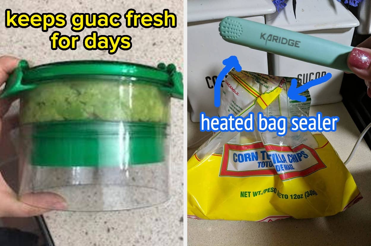 Container for keeping guacamole fresh, alongside a heated bag sealer sealing a corn tortilla chips bag