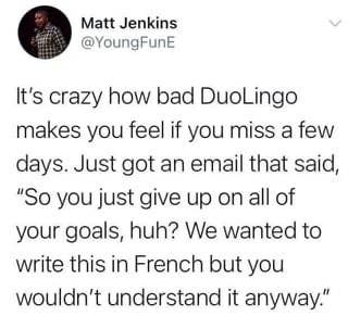 Tweet humorously criticizing DuoLingo for shaming users in emails when they miss practice, suggesting a sarcastic message about abandoning goals