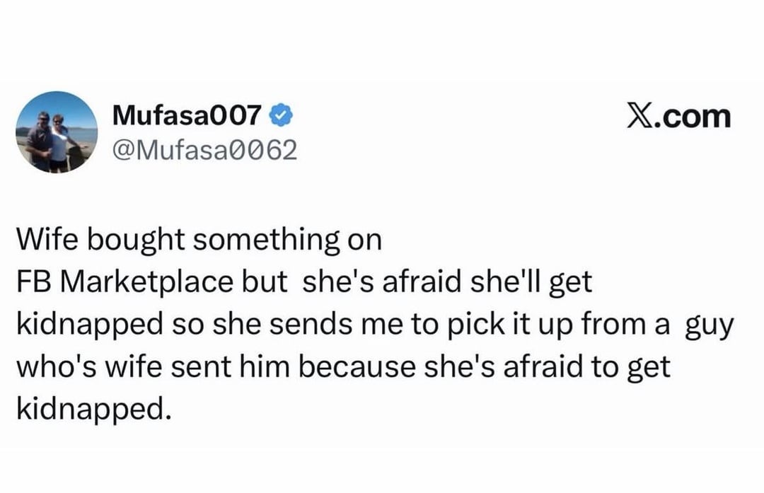 A humorous tweet about two spouses afraid of being kidnapped while picking up Facebook Marketplace purchases