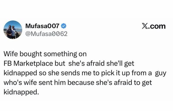 A humorous tweet about two spouses afraid of being kidnapped while picking up Facebook Marketplace purchases