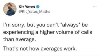 Tweet by Kit Yates highlights the incorrect idea of always having a higher call volume than average, emphasizing misunderstanding of averages