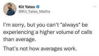 Tweet by Kit Yates highlights the incorrect idea of always having a higher call volume than average, emphasizing misunderstanding of averages