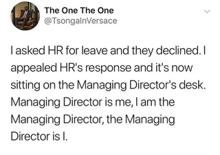 Tweet humorously describes a self-referential bureaucratic loop where the person requests leave as HR, appeals as MD, and all roles are the same person