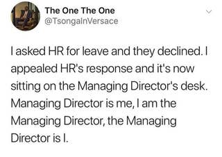 Tweet humorously describes a self-referential bureaucratic loop where the person requests leave as HR, appeals as MD, and all roles are the same person
