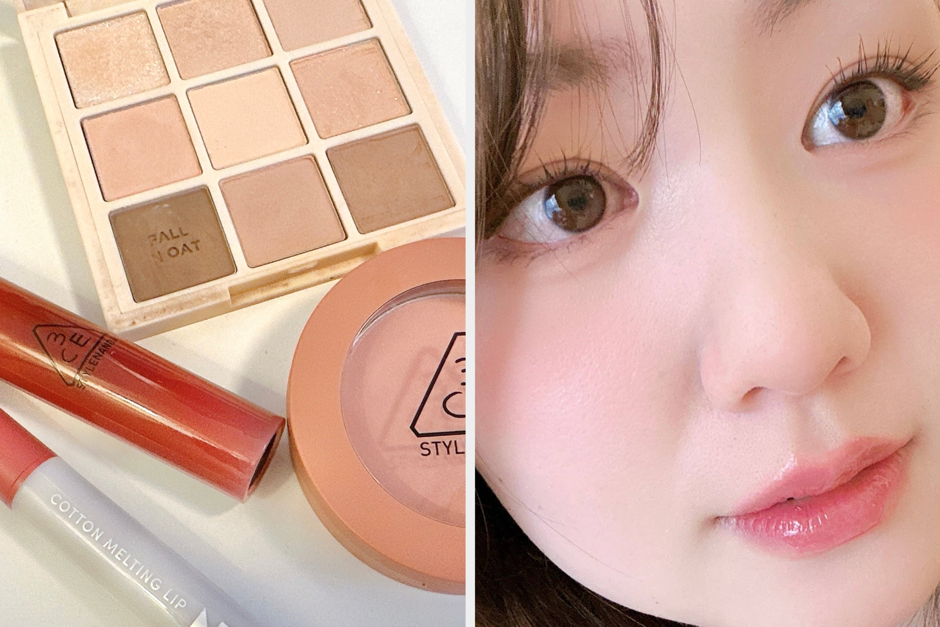 化粧パレット、リップスティック、チークが並べられた画像。ブランド名「3CE」が見える。