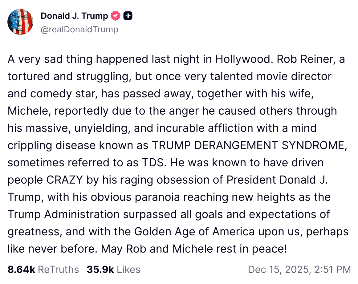 Trump's post about Rob Reiner's death