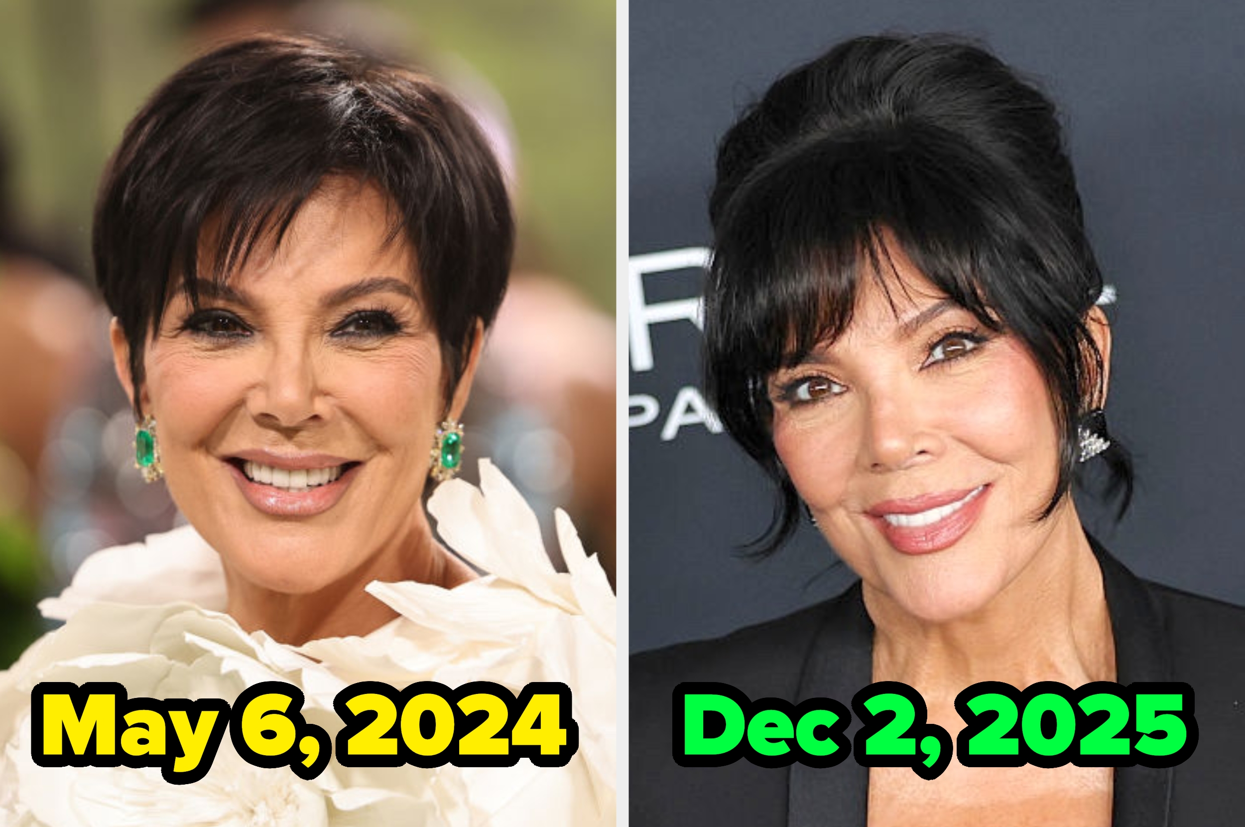 Person with short, styled hair in two photos. Left: wearing a floral outfit, taken on May 6, 2024. Right: wearing a dark blazer, taken on Dec 2, 2025