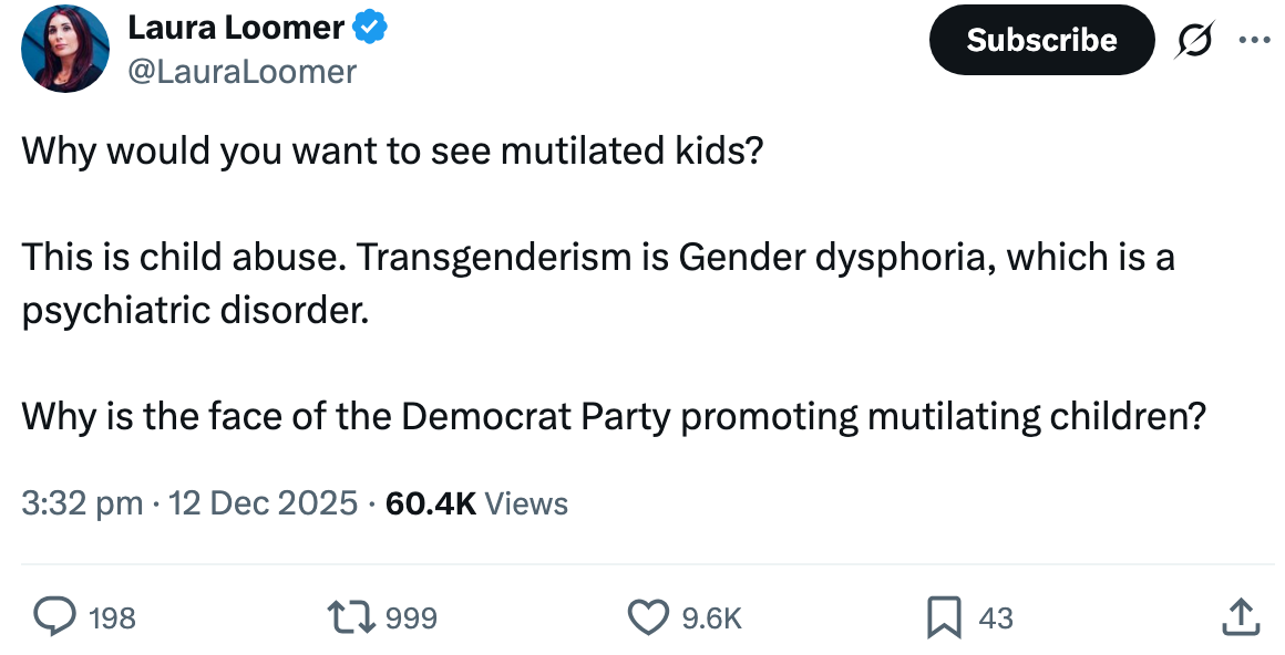 Tweet som stiller spørsmål ved transpersoner og assosierer dem med lemlestelse av barn, og nevner Det demokratiske partiet, med engasjementsstatistikk vist