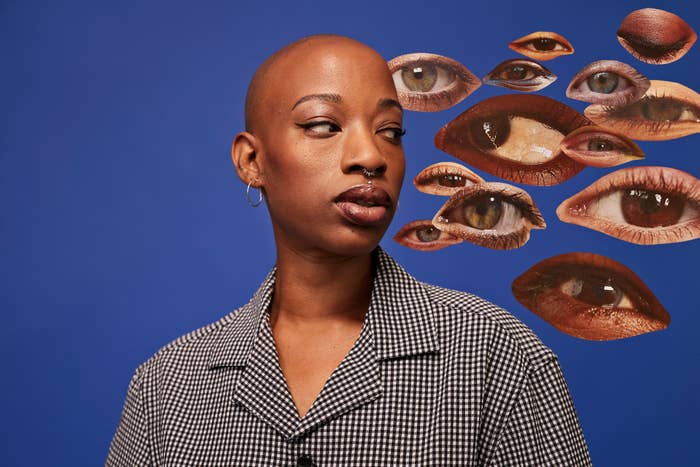 A idiosyncratic   with a shaved caput  wearing a checked garment  stands successful  beforehand   of a bluish  background, surrounded by assorted  oculus  collages