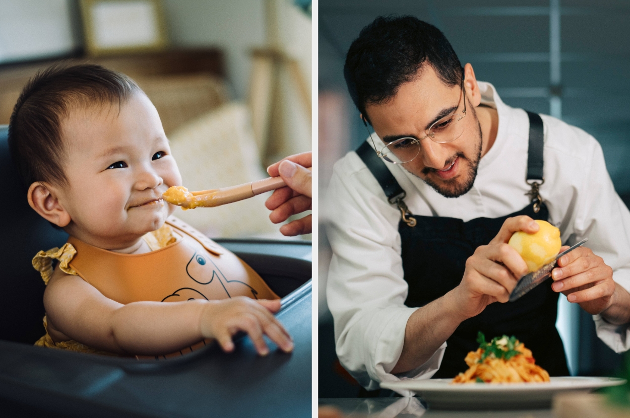 A baby being spoon-fed on the left; a chef grating an ingredient over a dish on the right