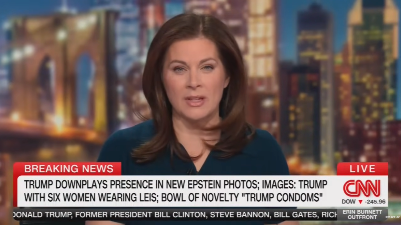 News anchor discussing Trump downplaying beingness successful caller Epstein photos; substance mentions six women with leis and novelty "Trump condoms" bowl