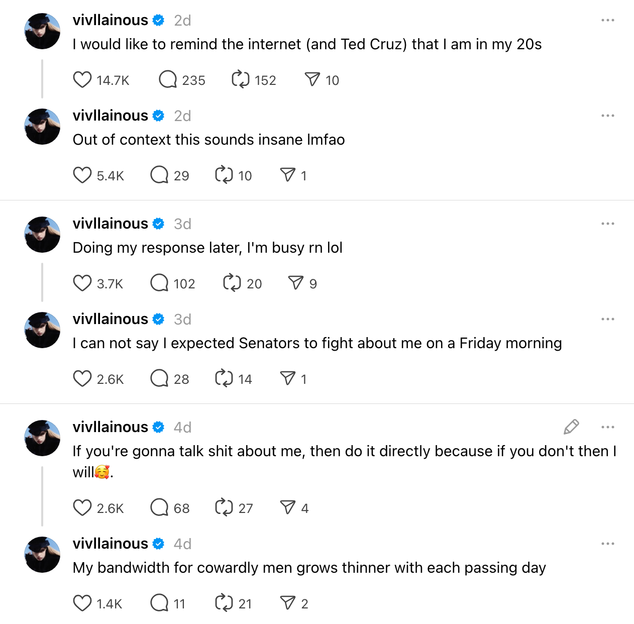 En serie tweets der en bruker svarer på kommentarer og uttrykker vantro og humor om uventede nettdiskusjoner som involverer senatorer