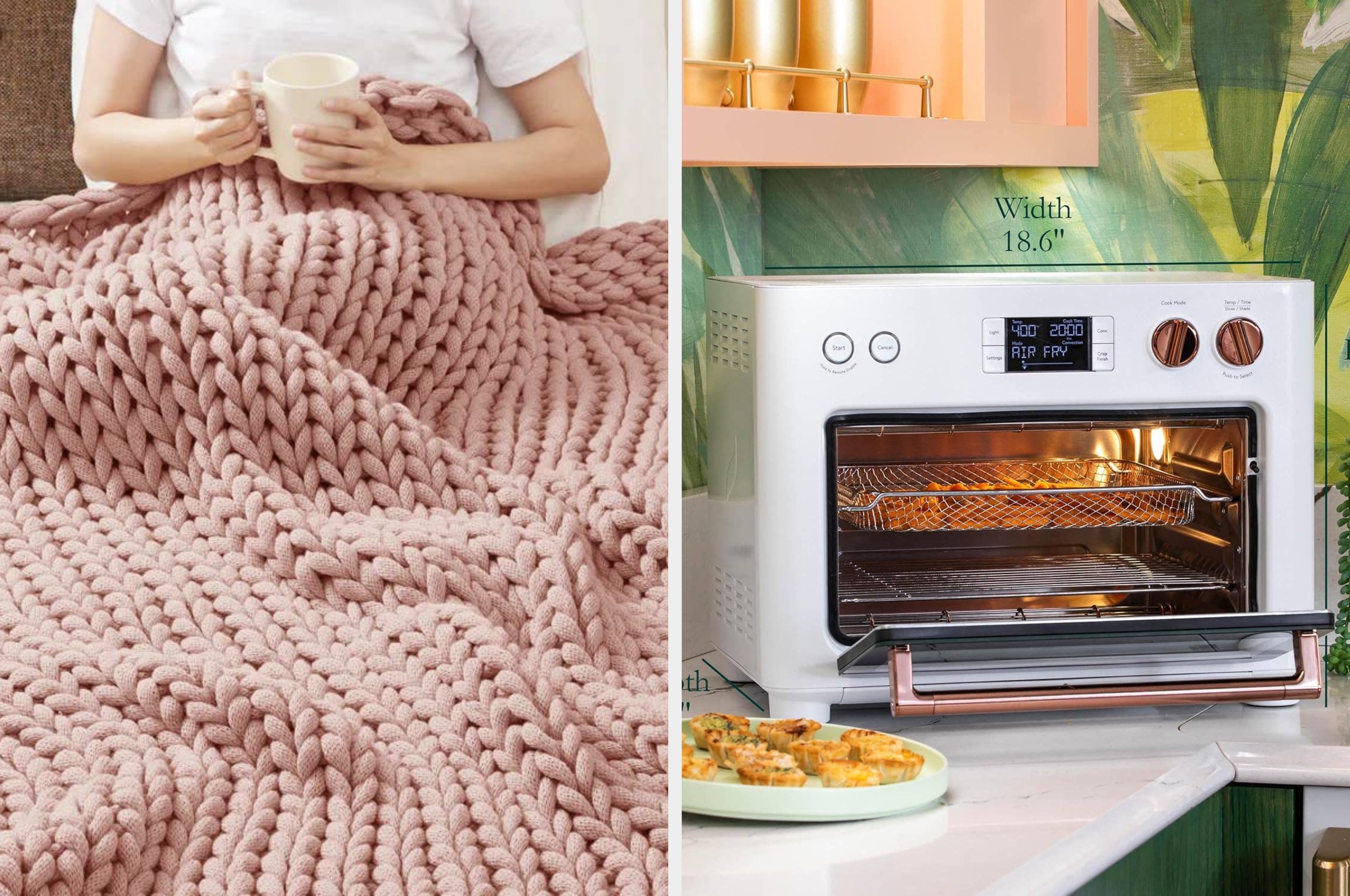 left: model underneath a thick, knitted throw; right: modern toaster oven on a counter with a sleek display and opened to show basket and racks inside