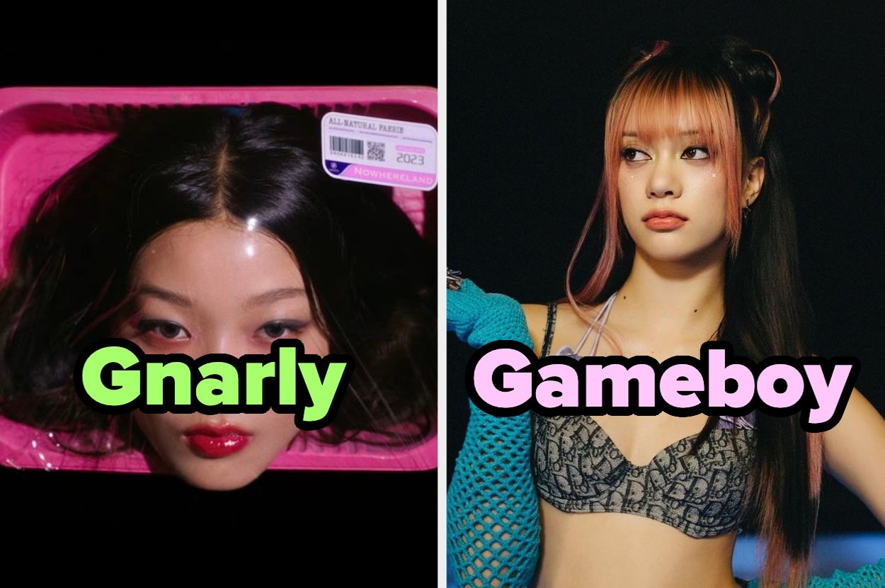 Dos imágenes lado a lado de personas con texto superpuesto: "Gnarly" a la izquierda y "Gameboy" a la derecha
