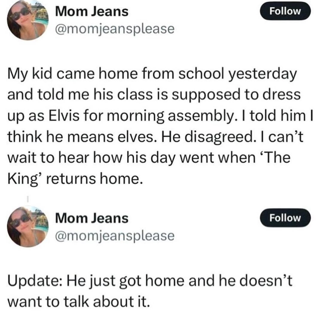 Text exchange about a kid mistakenly dressing as Elvis instead of an elf for a school assembly, with a humorous outcome