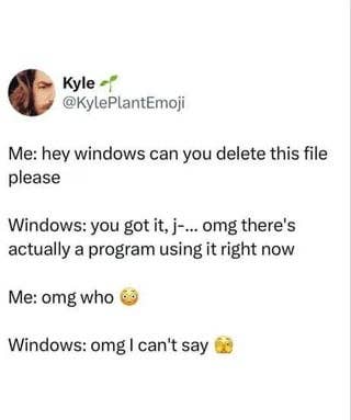 A humorous tweet exchange personifies Windows, with playful dialogue about being unable to delete a file in use