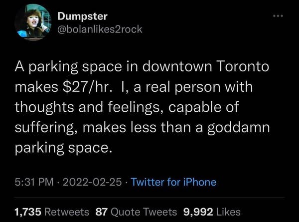 Tweet comparing parking space\&\#x27;s \$27/hr cost in Toronto to a real person\&\#x27;s earnings, highlighting disparity in value and wage