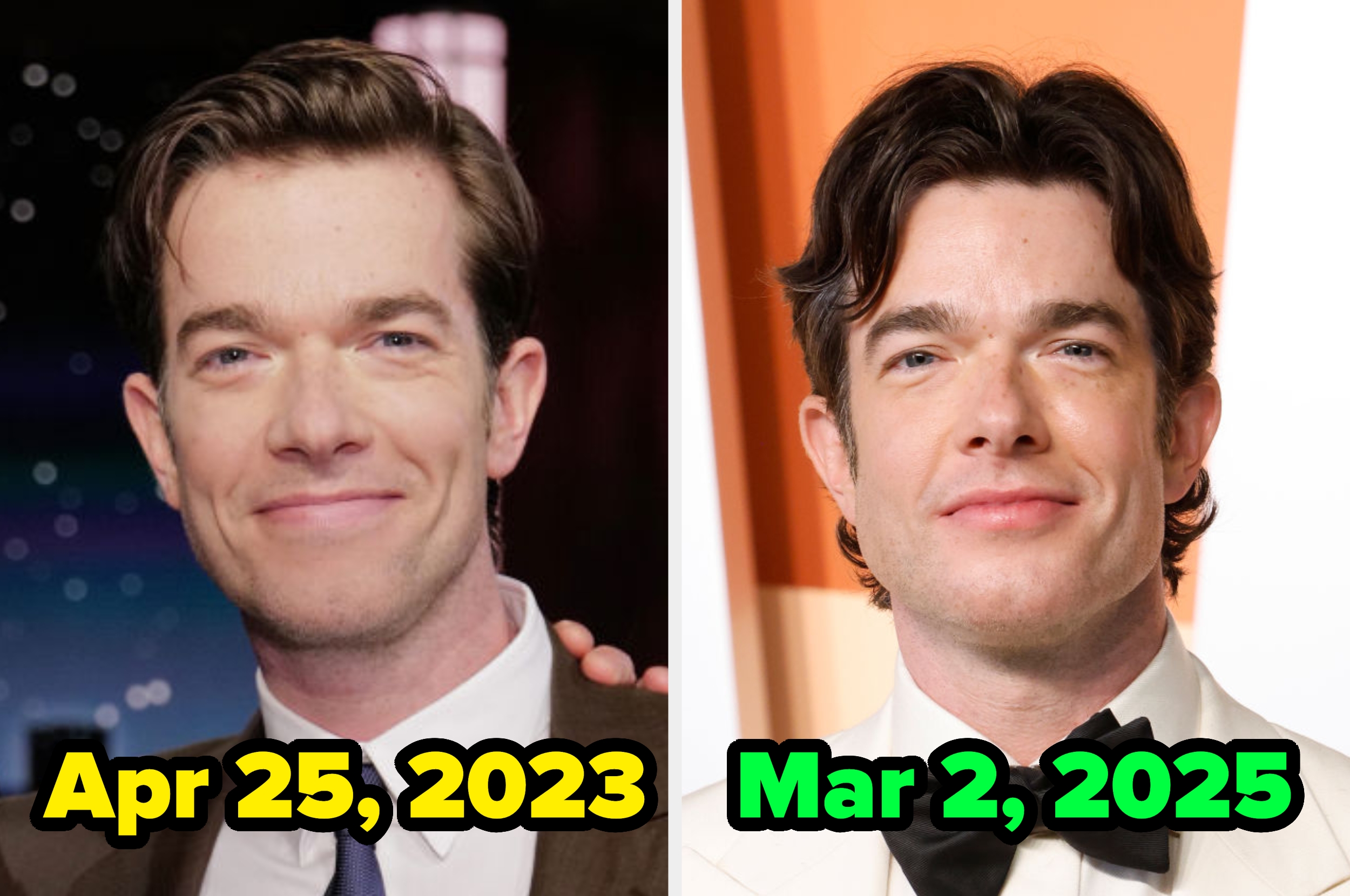 Two side-by-side images of the same man from April 2023 and March 2025, showing slight changes in hairstyle and facial expression