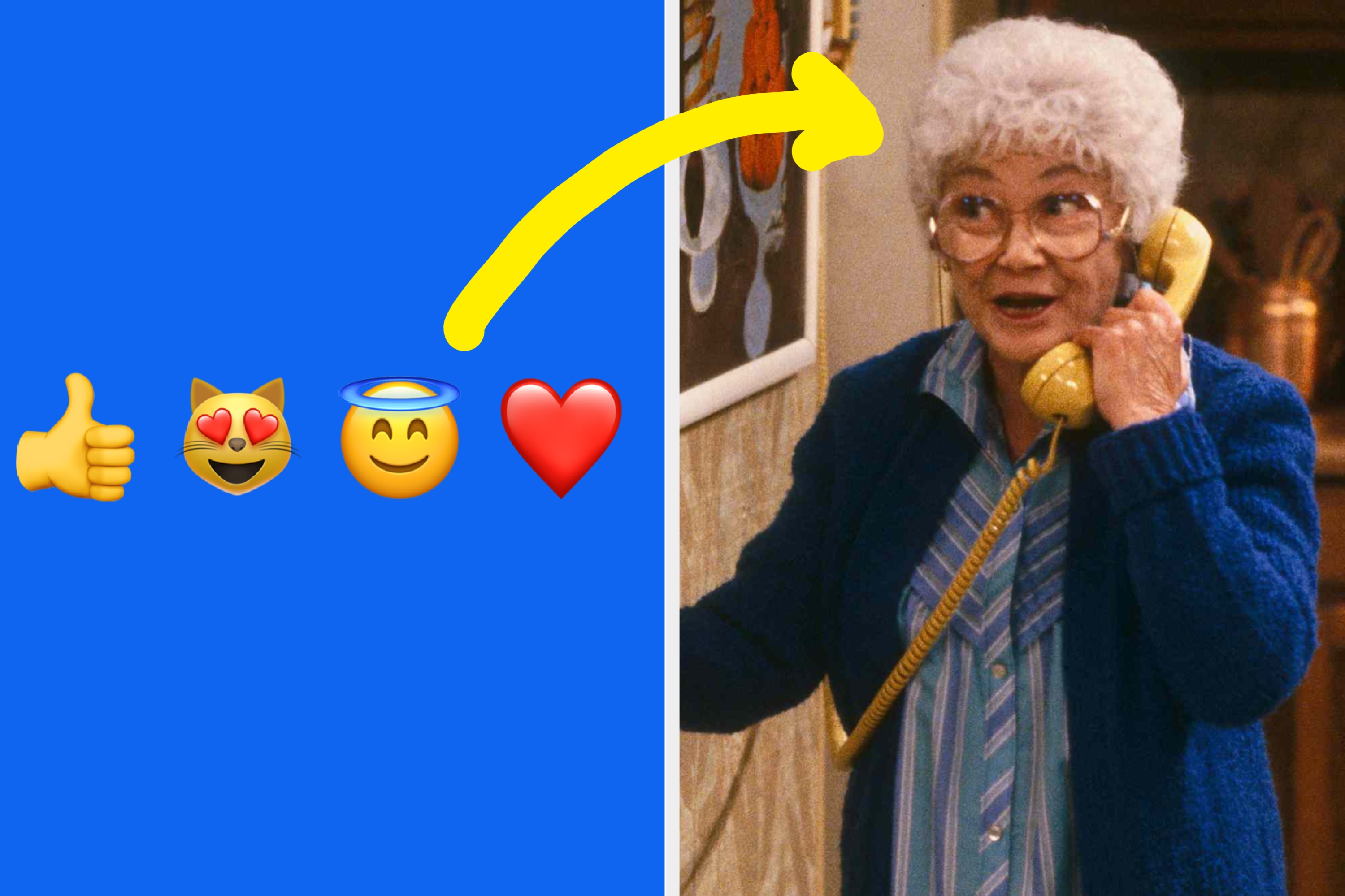 Older woman with white hair, glasses, and a blue outfit, holding a yellow phone, stands in a room with wall decorations; emojis displayed on blue