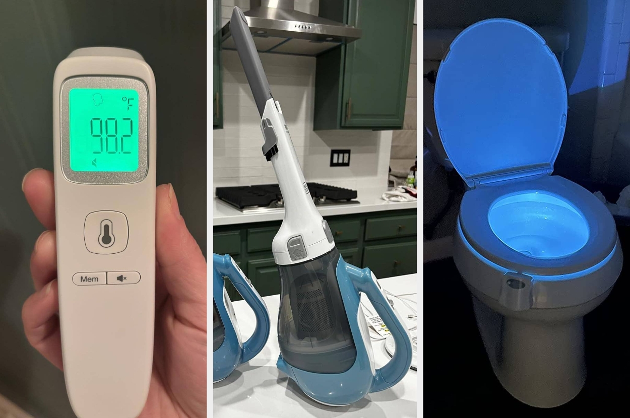 Digital thermometer showing 98.2°F, a cordless vacuum cleaner, and a toilet with a blue-lit seat