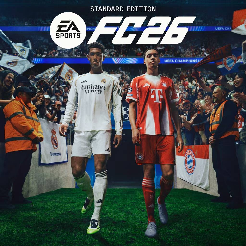 Two soccer players, one in a white Real Madrid kit and the other in a red Bayern Munich kit, walk side-by-side in a stadium for EA Sports FC 26
