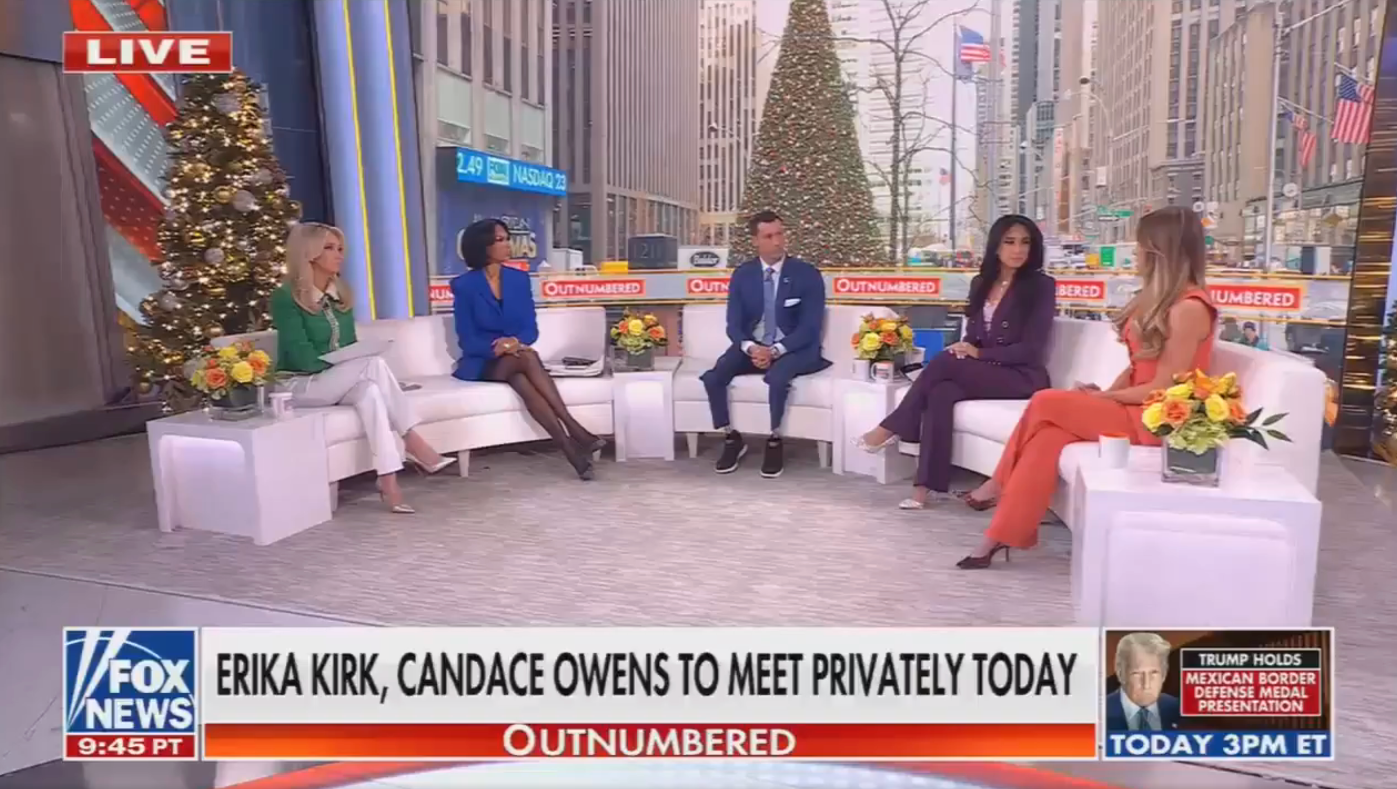 TV quality    sheet  discussing Erika Kirk gathering  Candace Owens; 5  hosts seated connected  acceptable   with metropolis  presumption    and a Christmas histrion   disposable   successful  the background