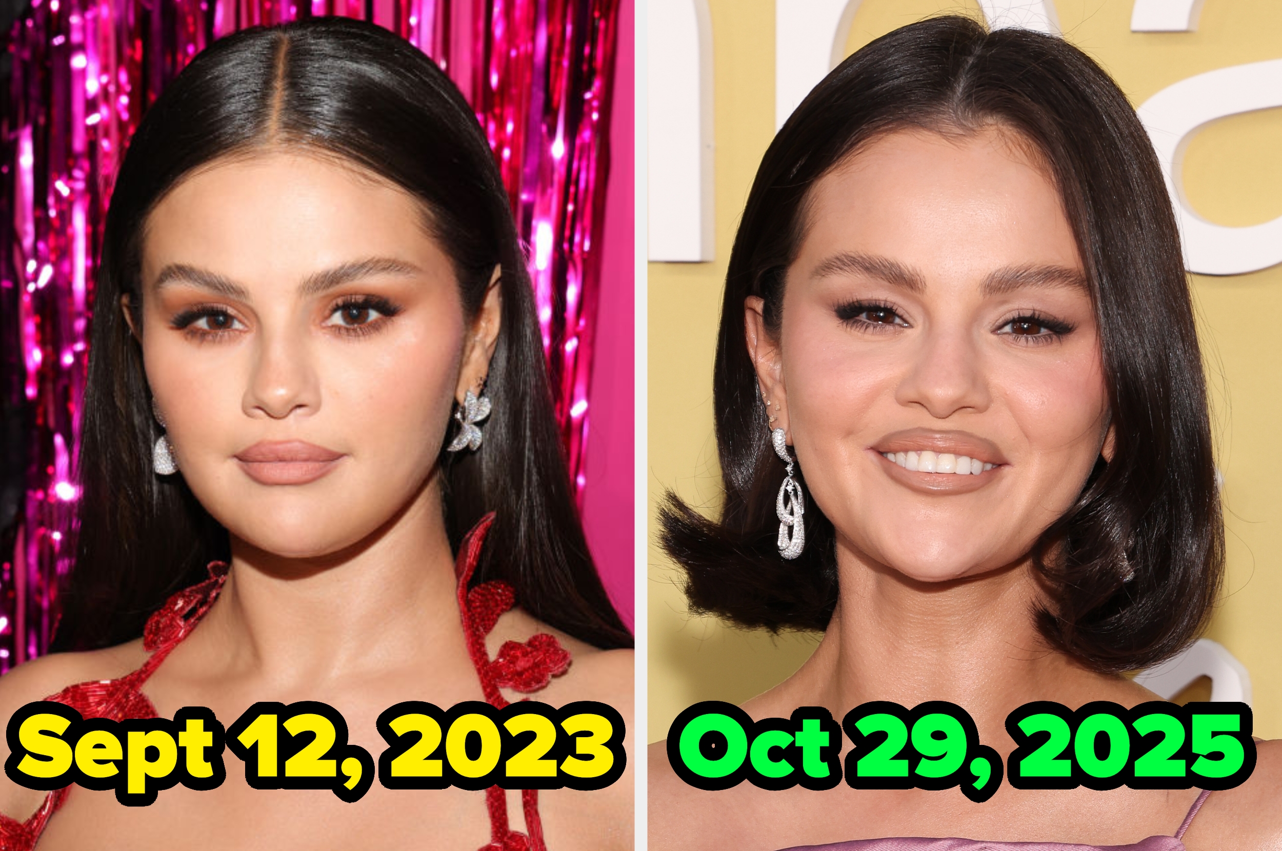 Two images compare a celebrity at events in 2023 and 2025. Both feature glamorous dresses and elegant hairstyles