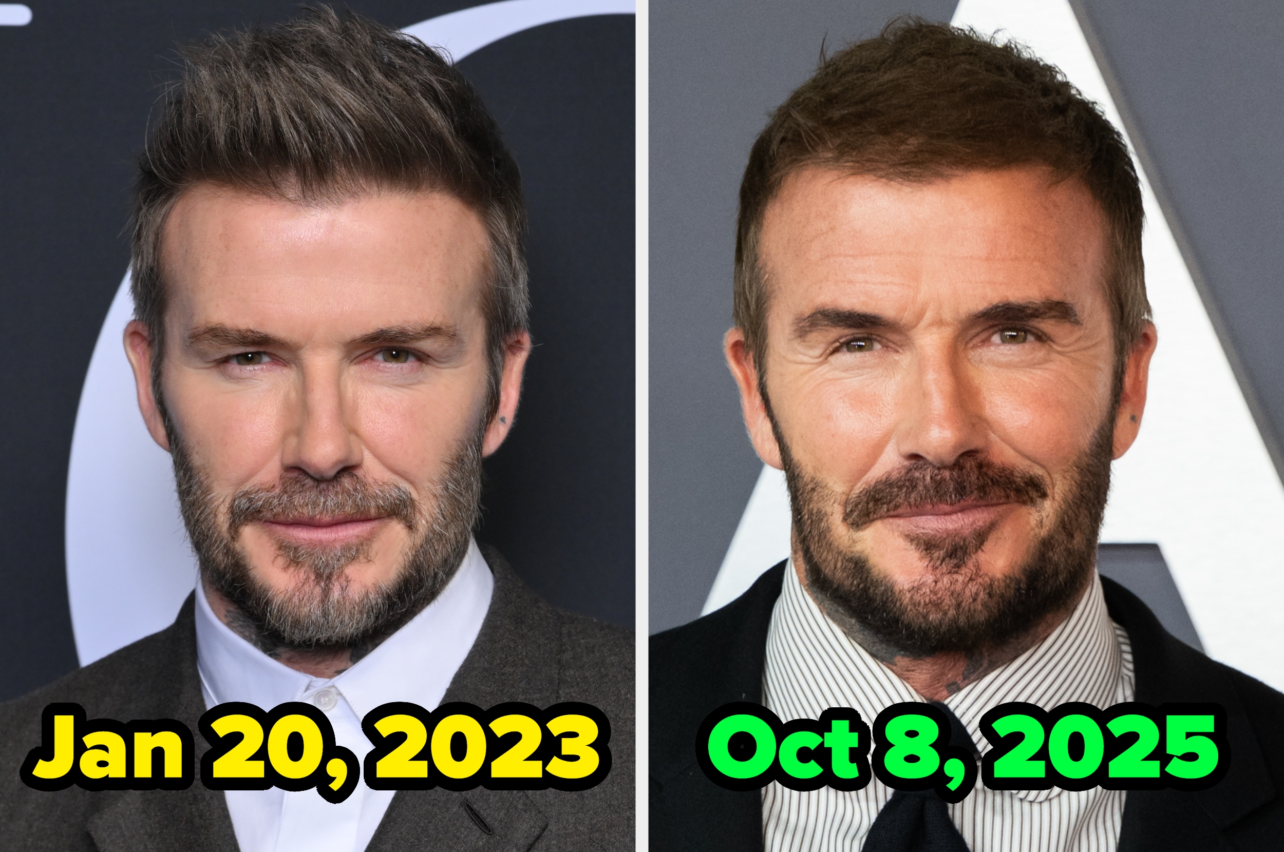 Two side-by-side images comparing a man on Jan 20, 2023, and Oct 8, 2025, showing his facial hair and style changes over time