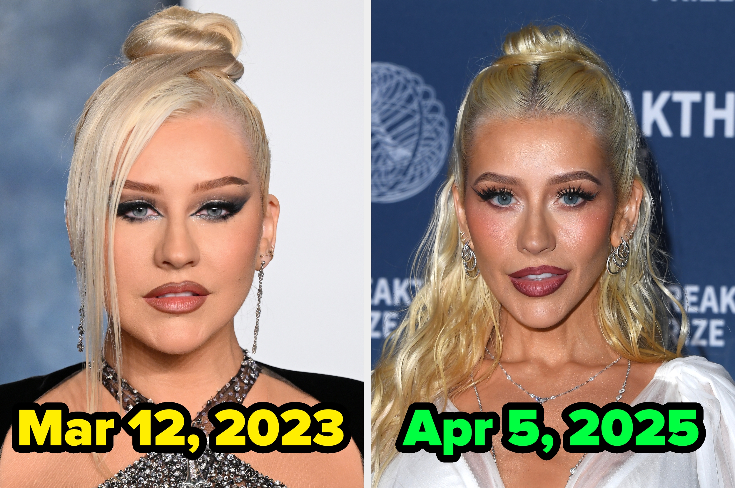 Two women side by side at different events, with styled hair and makeup. Dates below are March 12, 2023, and April 5, 2025