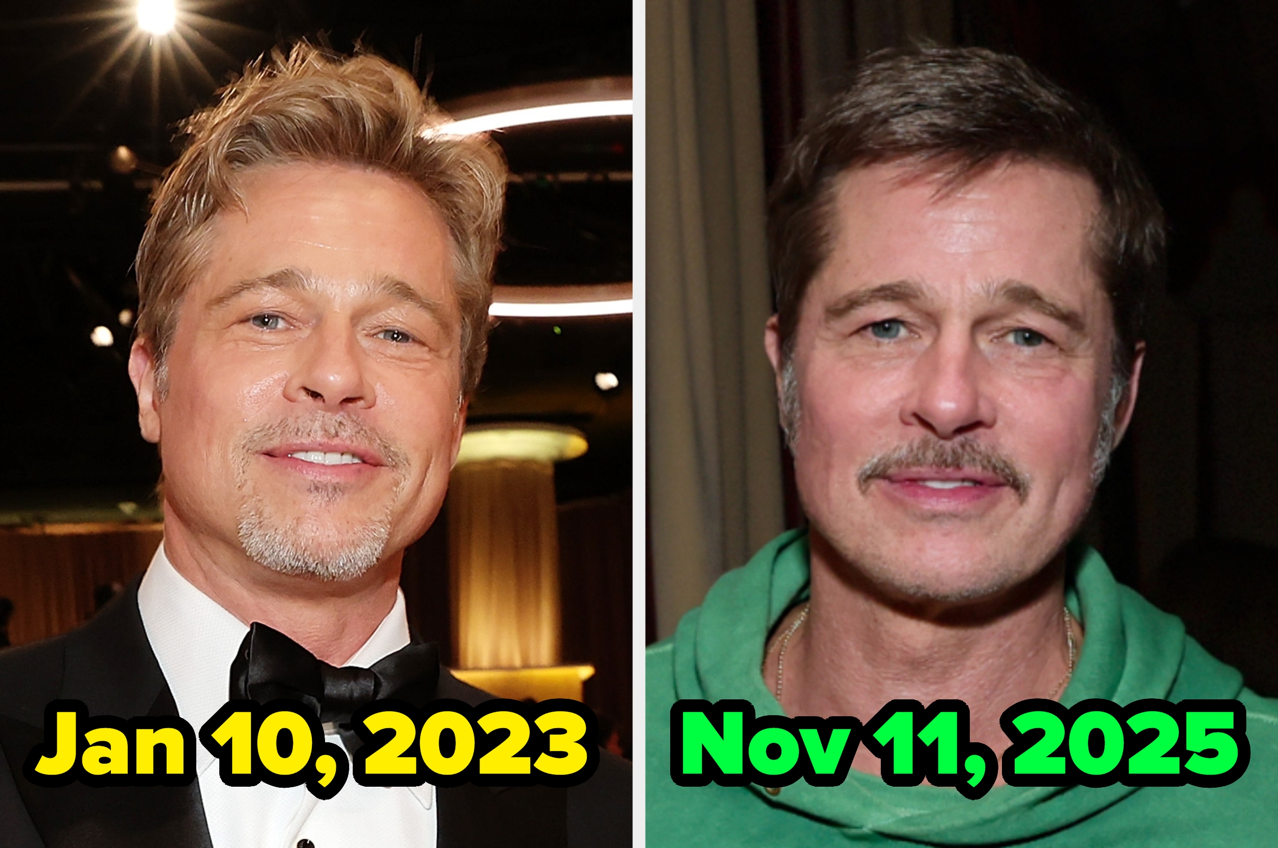 Two side-by-side images of the same man: one from Jan 10, 2023, well-groomed; one from Nov 11, 2025, with mustache and casual hoodie