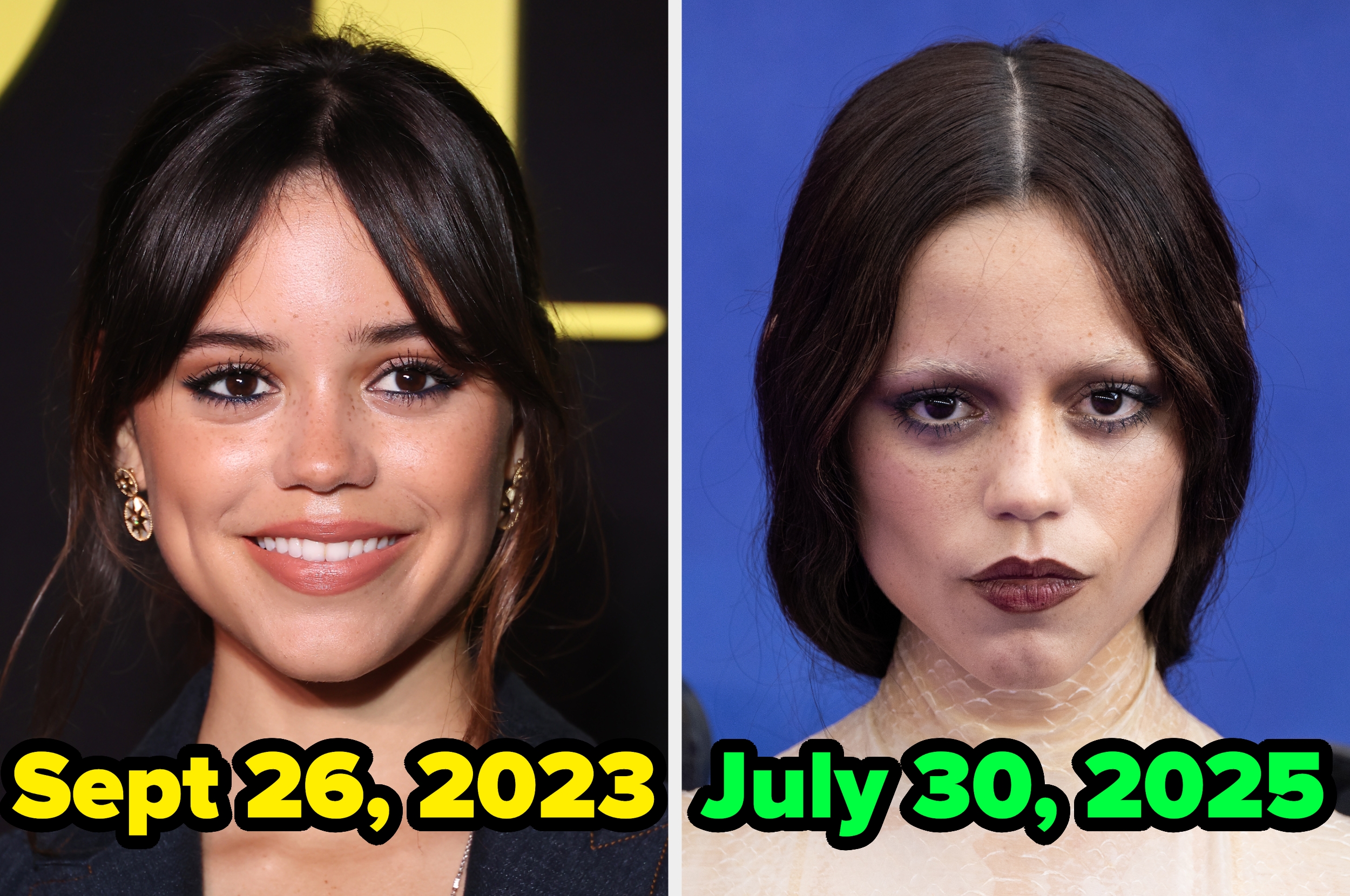 Two side-by-side images showing a person smiling on the left and with a dramatic look on the right. Dates are shown below each image