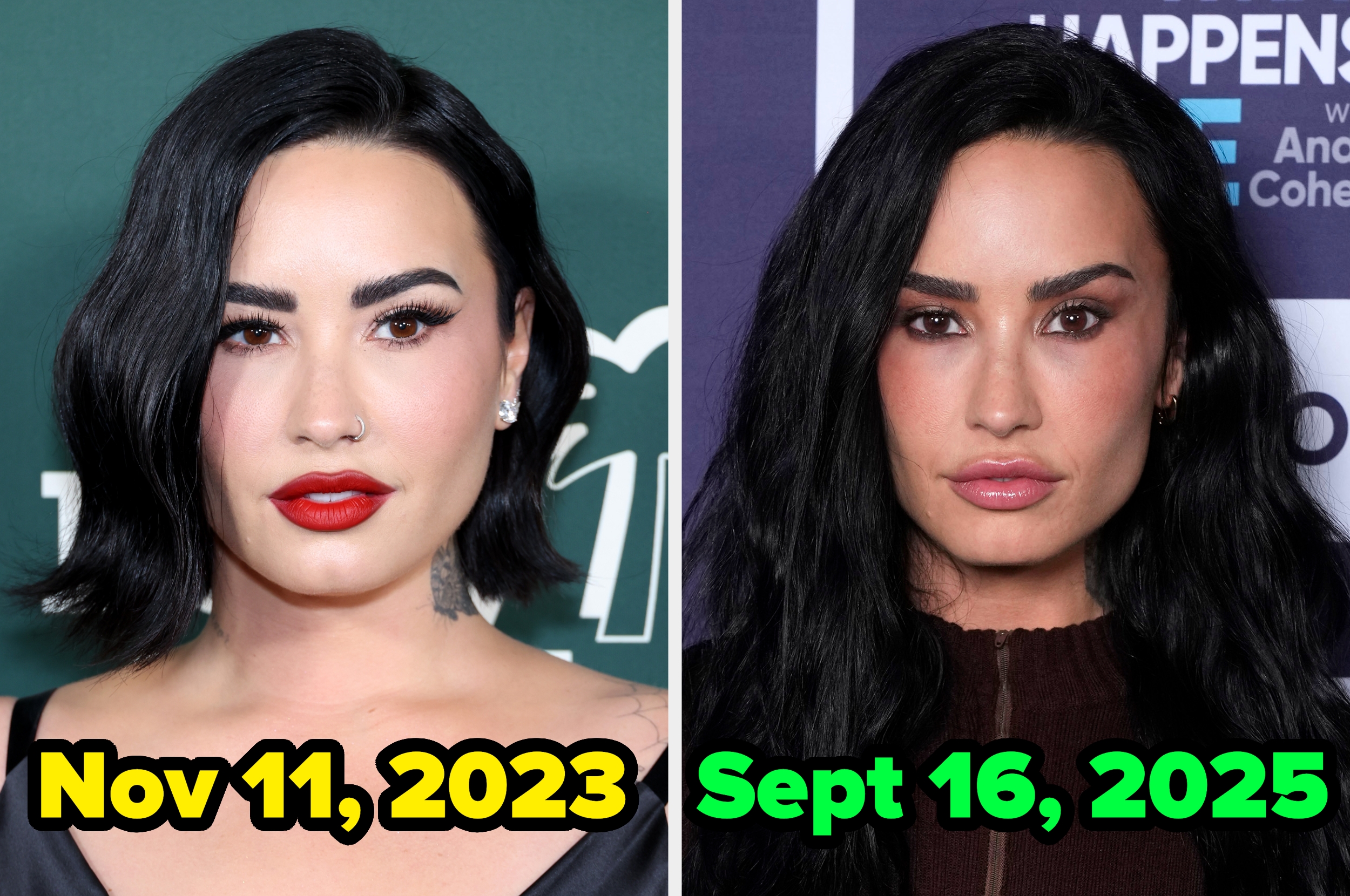 Side-by-side images of a person with sleek makeup. Left: wavy bob hairstyle. Right: long straight hair. Dates: Nov 11, 2023, and Sept 16, 2025