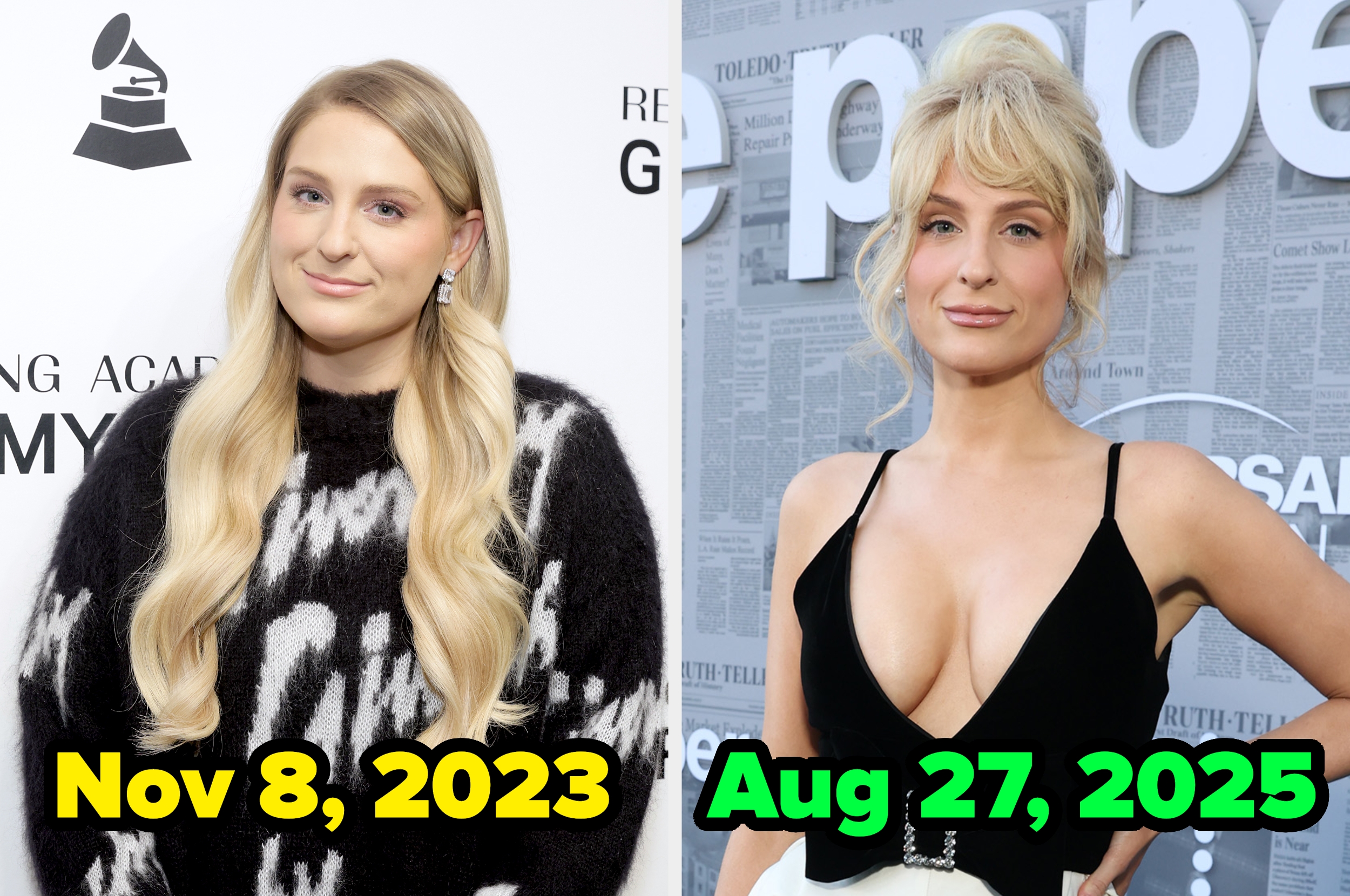 Two side-by-side images of a woman. Left: Long-sleeve patterned sweater. Right: Sleeveless dress with a low neckline. Dates below each image