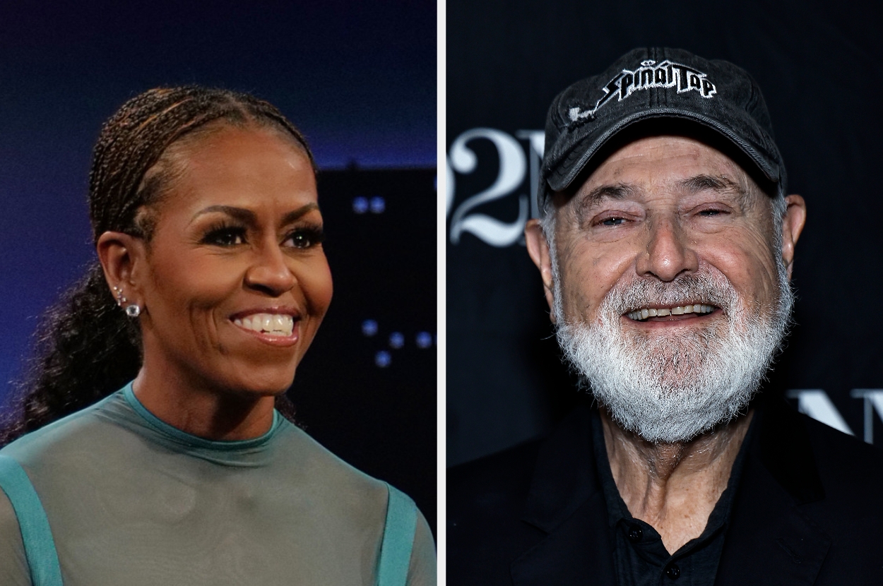 Two people are pictured in side-by-side photos, both smiling. The person on the left is in a formal setting, and the person on the right is wearing a cap