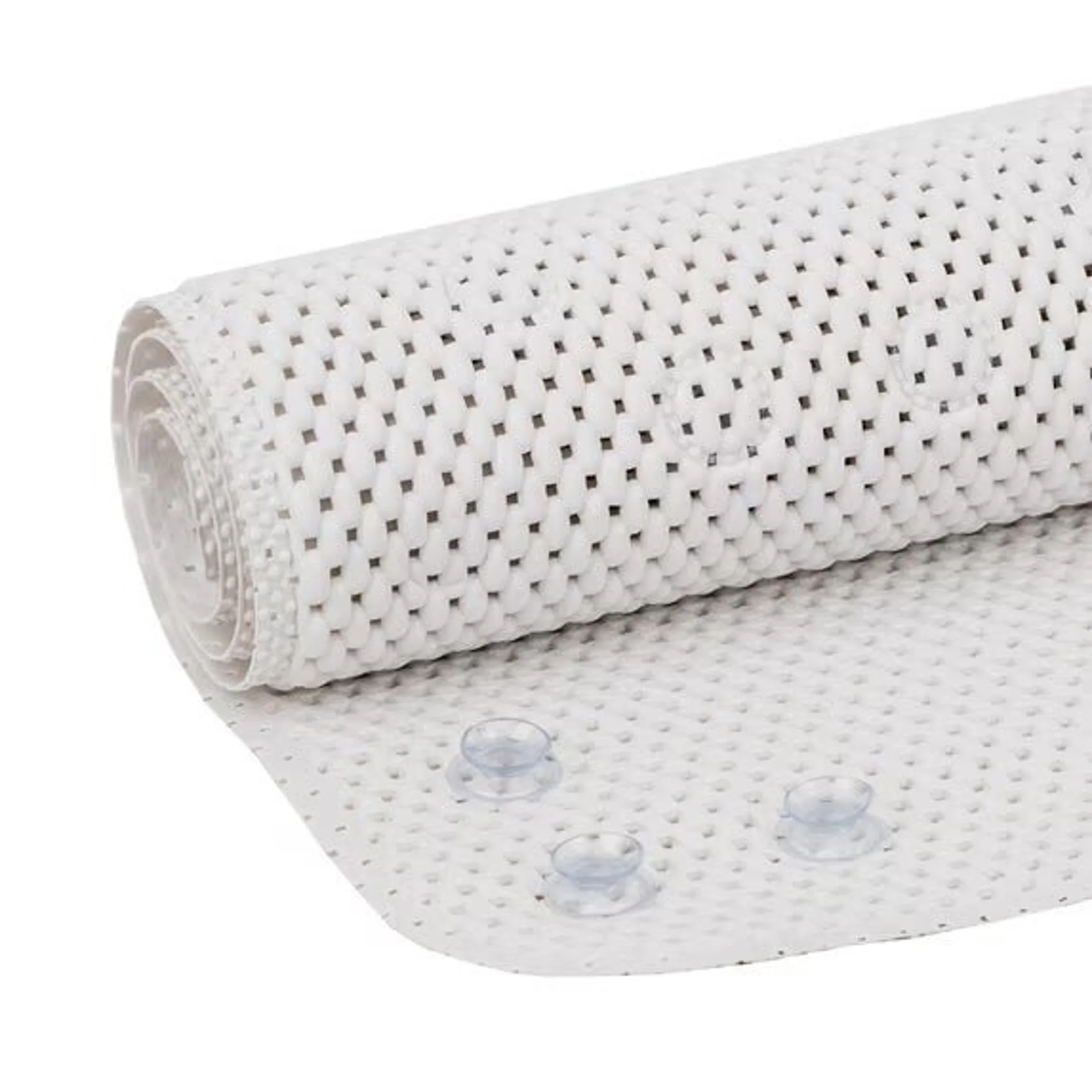 Rolled-up achromatic bath mat with suction cups, featuring a textured, non-slip aboveground for added safety. Suitable for bath use