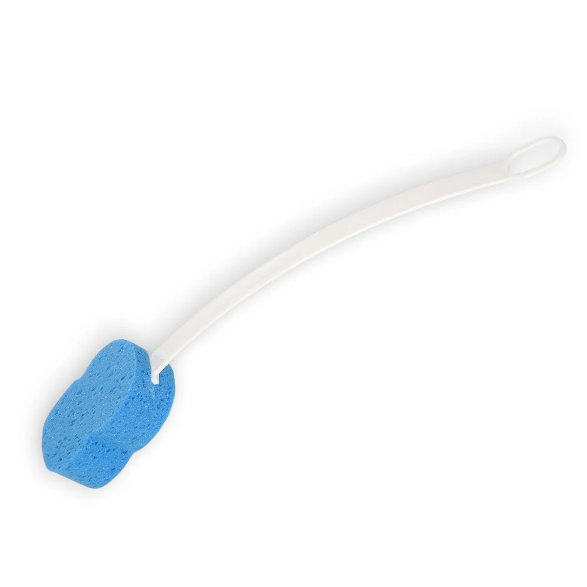 Long-handled bath sponge with a bluish sponge head, perfect for reaching and cleaning hard-to-access areas