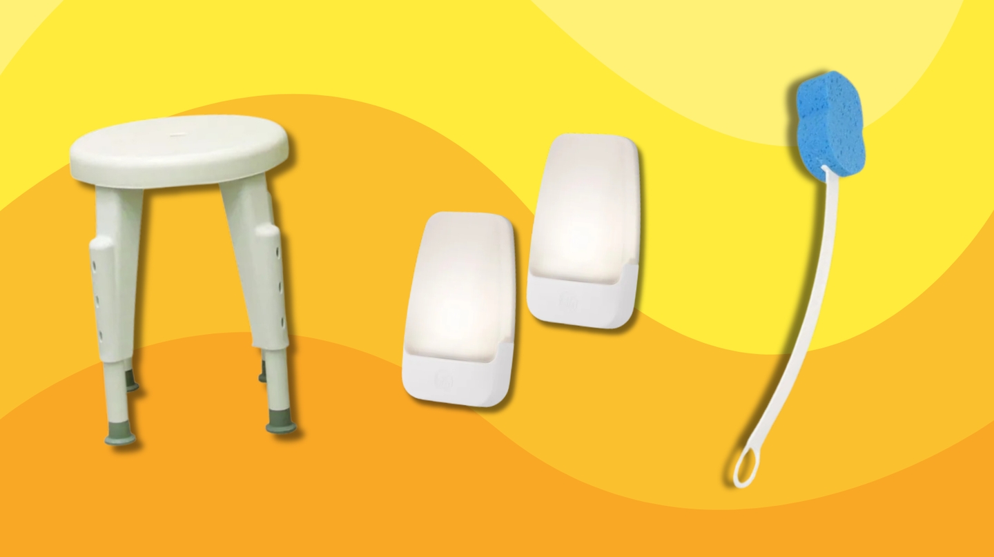 Shower stool, grab bars, and long-handle sponge displayed against a yellow-orange background. Ideal for accessibility in bath time routines