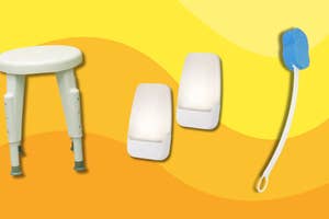 Shower stool, grab bars, and long-handle sponge displayed against a yellow-orange background. Ideal for accessibility in bath time routines