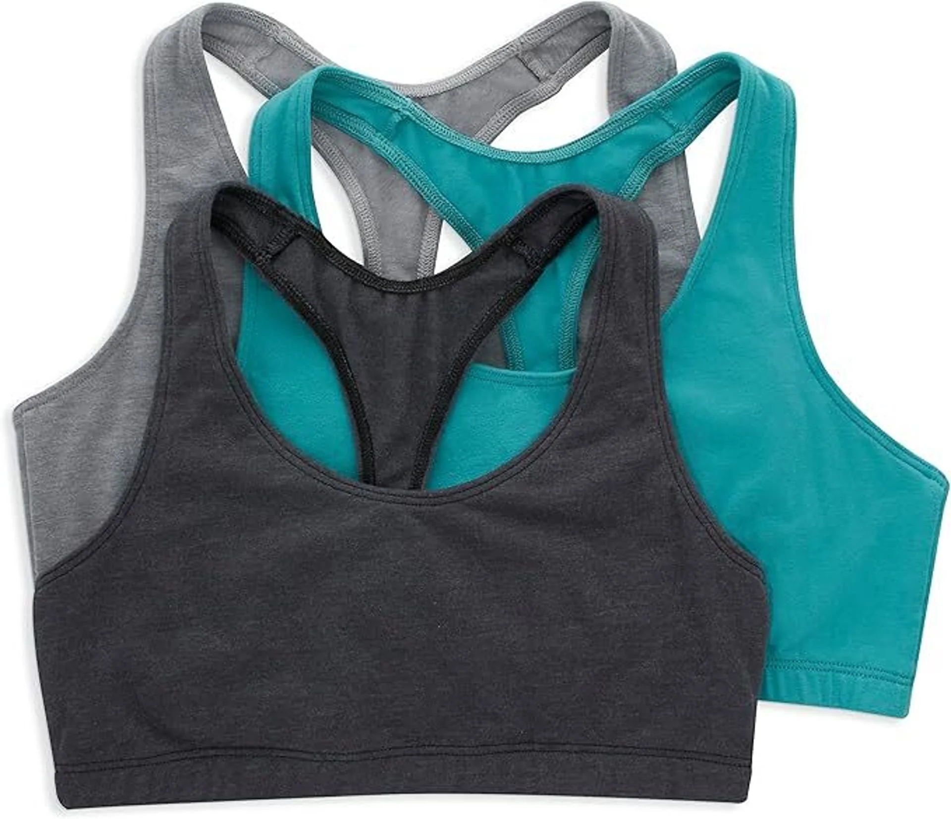 Three sports bras successful grey, teal, and black, arranged successful a stack. The plan features racerback straps, suitable for fittingness activities
