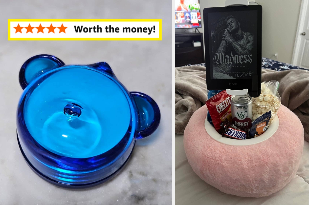 Left: Bear-shaped drink lid. Right: Kindle, snacks, and drink atop a plush cushion