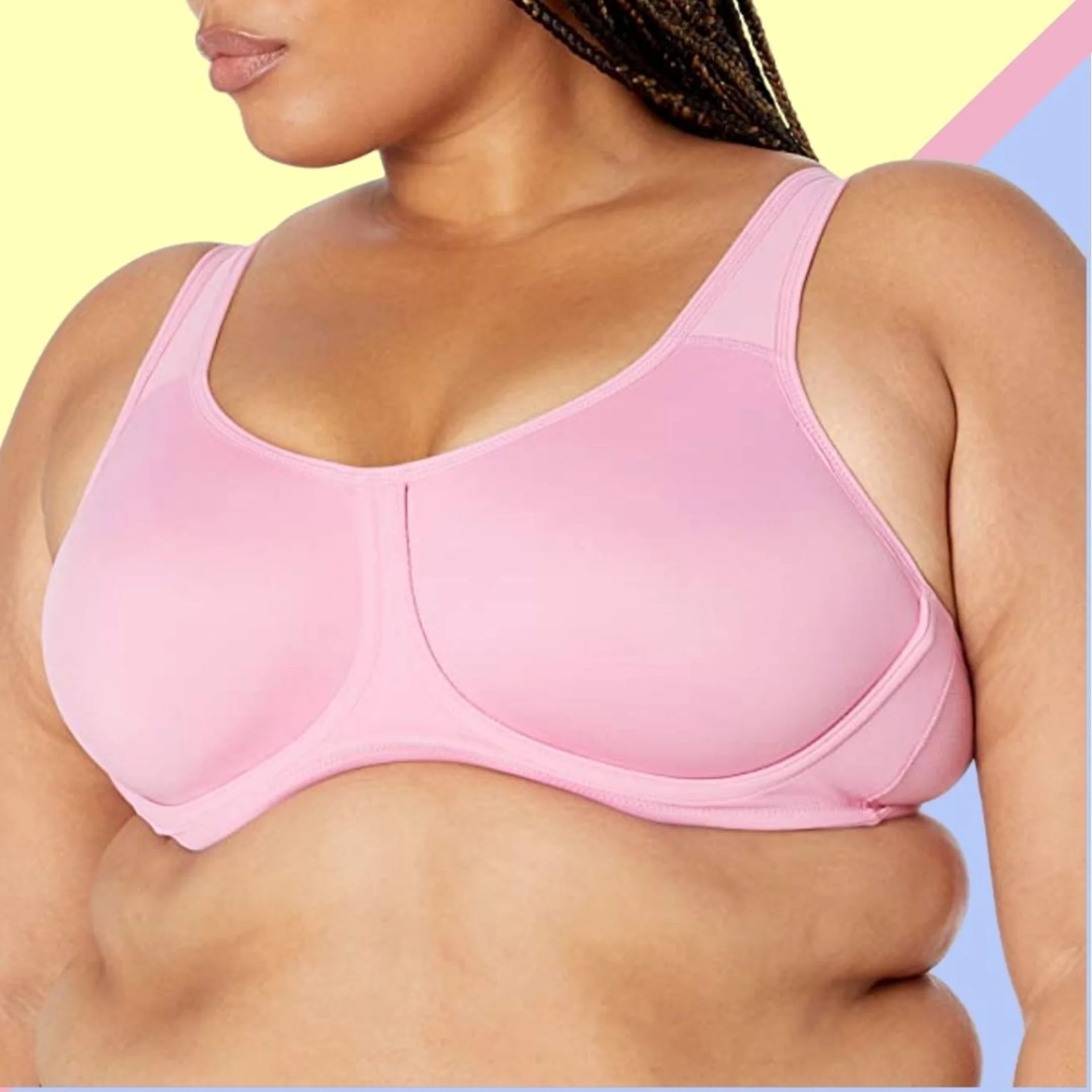 Person wearing a supportive bra with wide straps, suitable for plus-size shoppers
