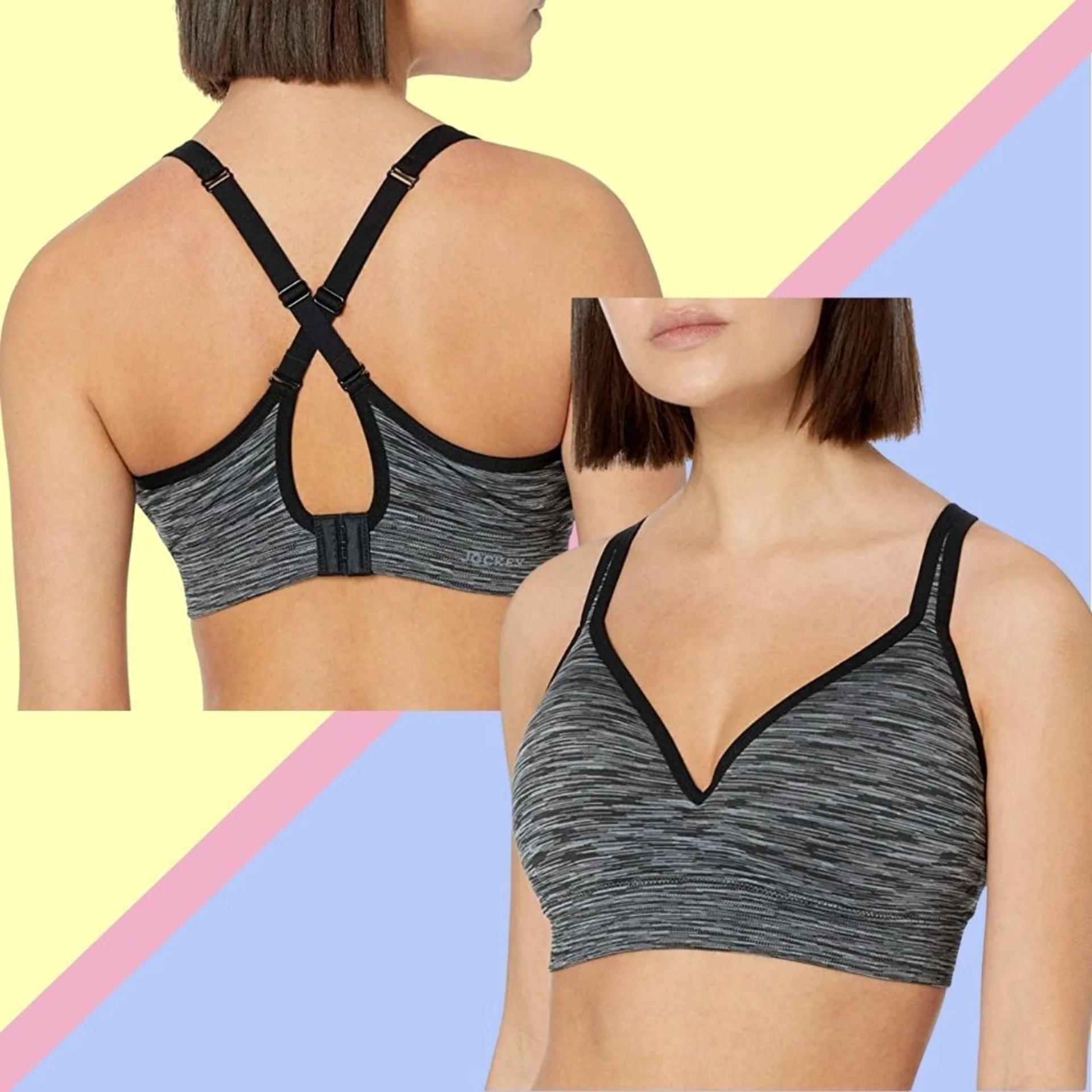 Two views of a seamless, heathered sports bra with a keyhole backmost and adjustable straps, showcasing its plan and fit