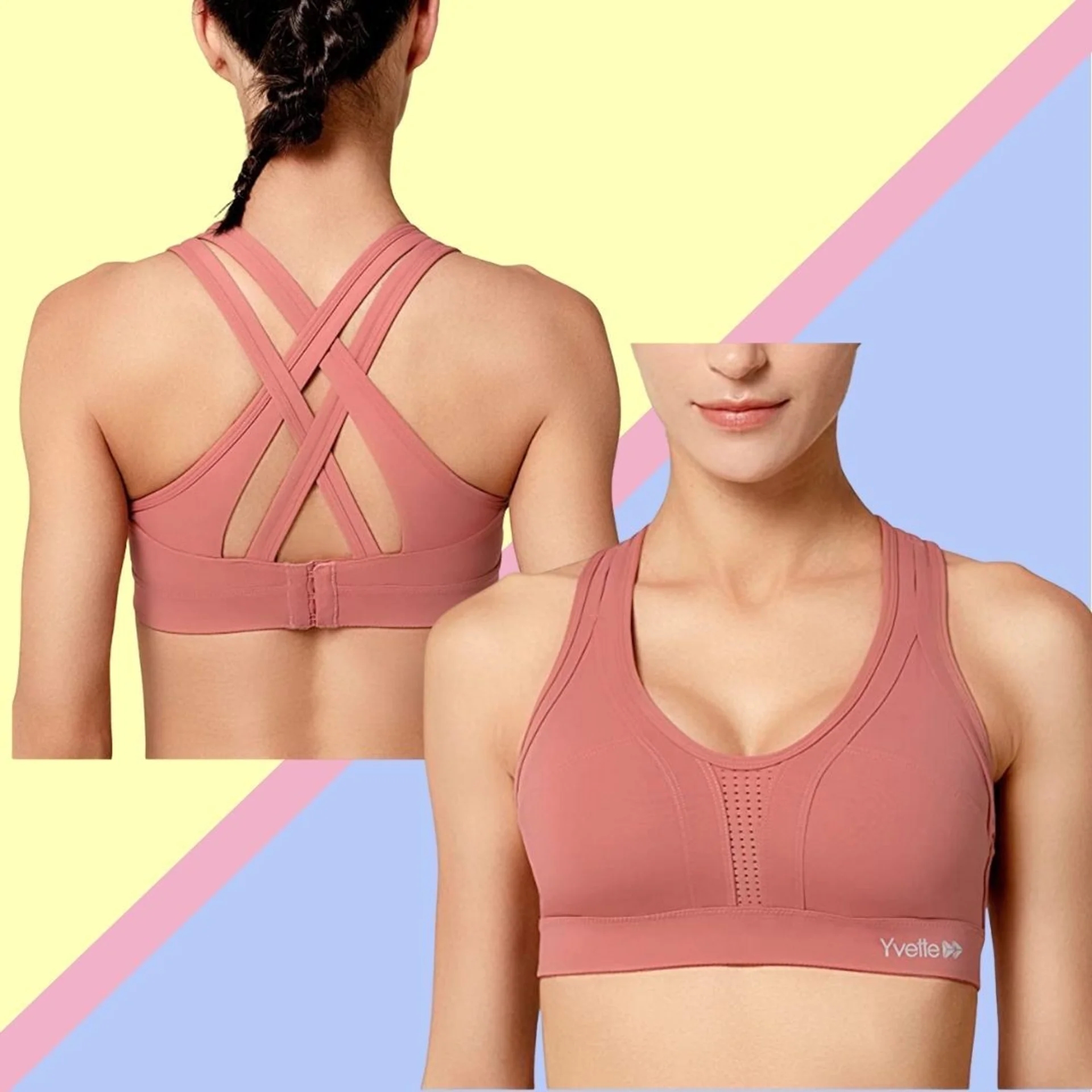 Sports bra with crisscross back, beforehand presumption showing supportive fit. Designed for comfortableness and style
