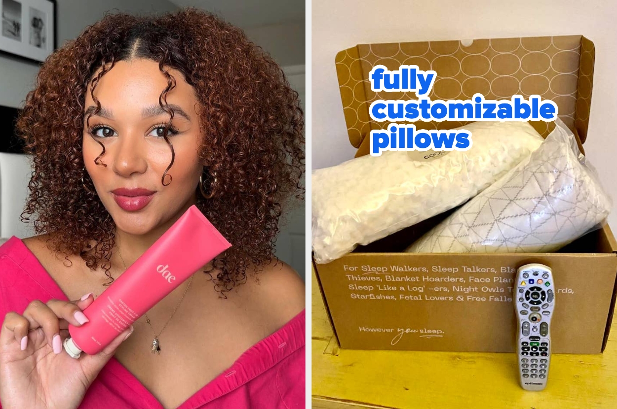 Woman holding product; next to customizable pillows and TV remote