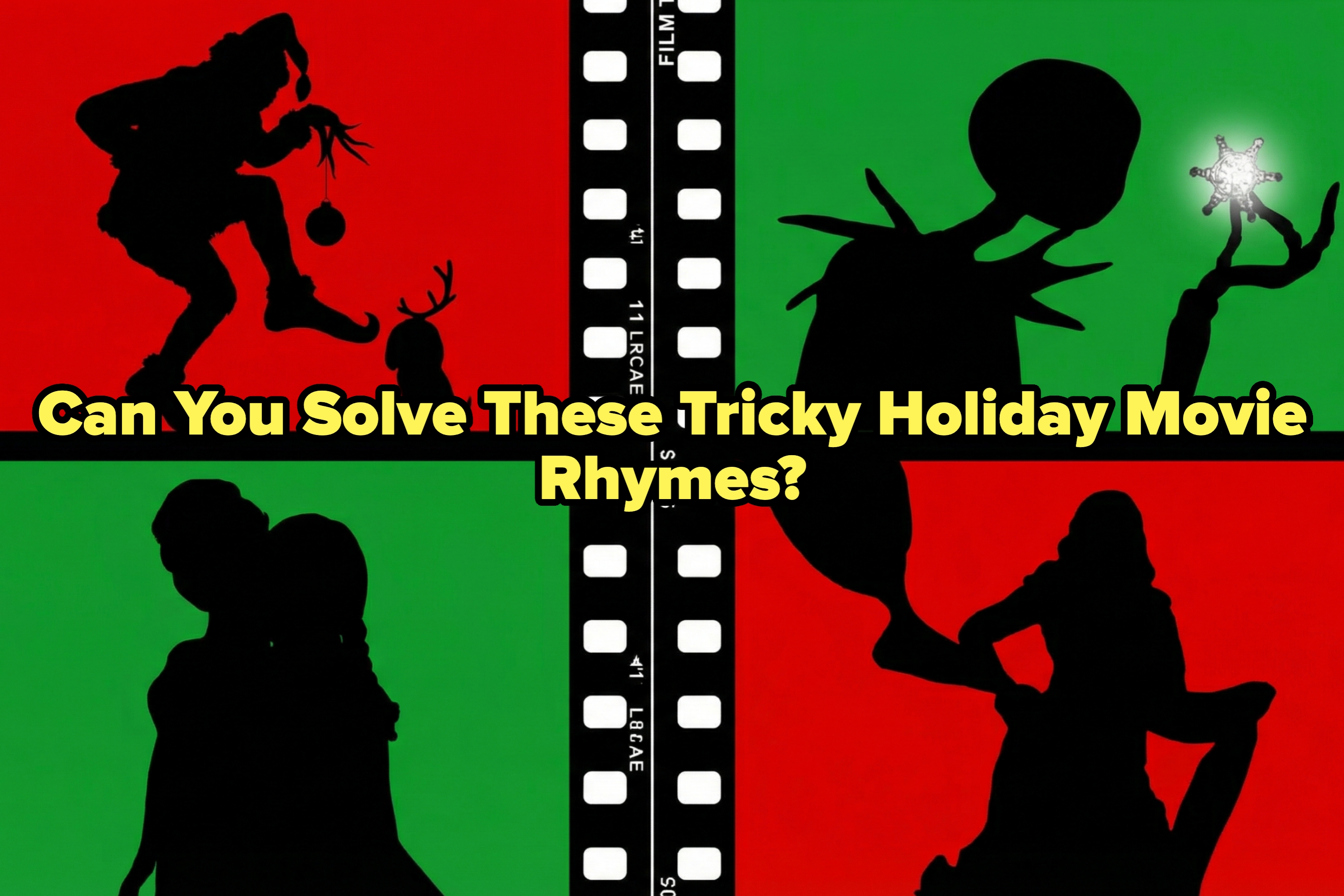 Silhouettes of characters in holiday-themed poses; text reads: "Can You Solve These Tricky Holiday Movie Rhymes?"