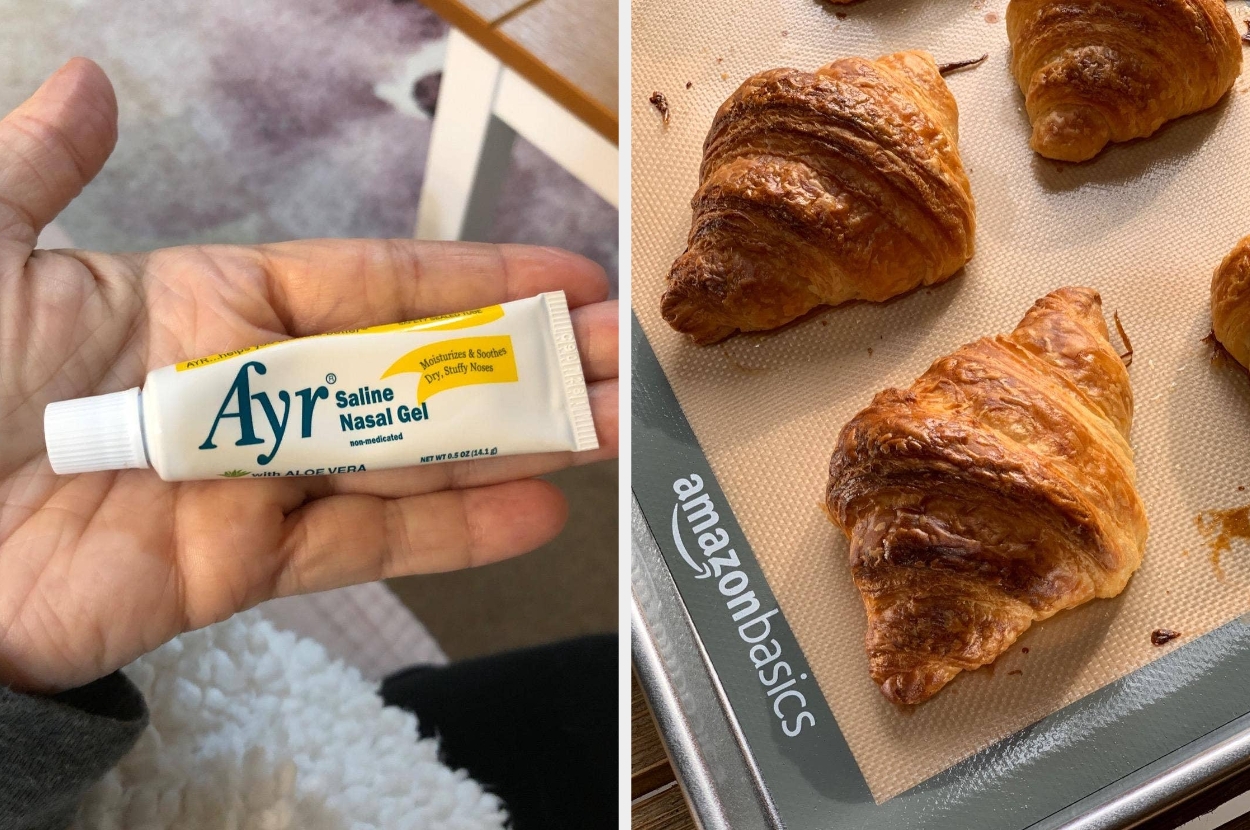 Left: Person holding a tube of Ayr saline nasal gel. Right: Freshly baked croissants on an AmazonBasics baking sheet