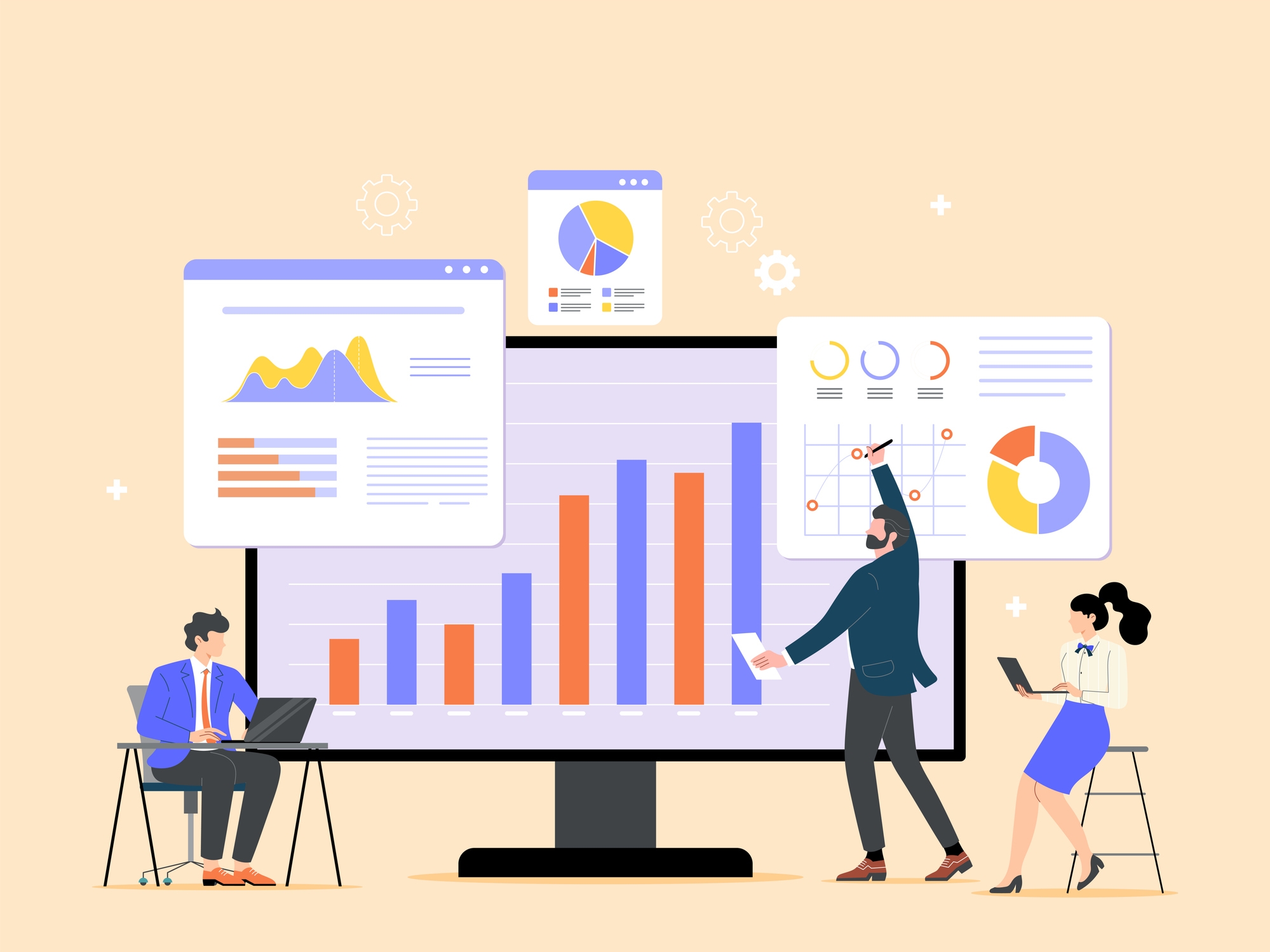 デスクでラップトップを使用する2人と、大画面の前でグラフを指す人のビジネスチーム。