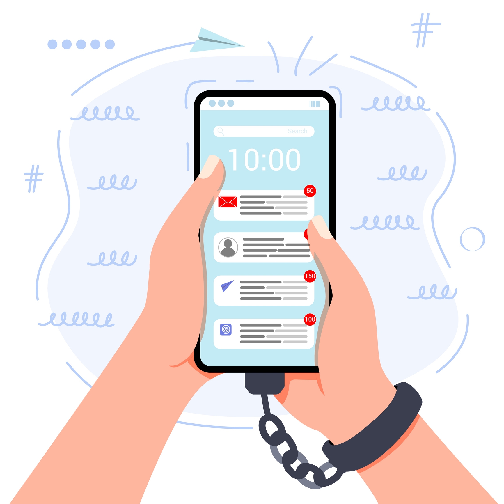 手錠を付けた手がスマートフォンを持ち、多数の通知が表示されている。