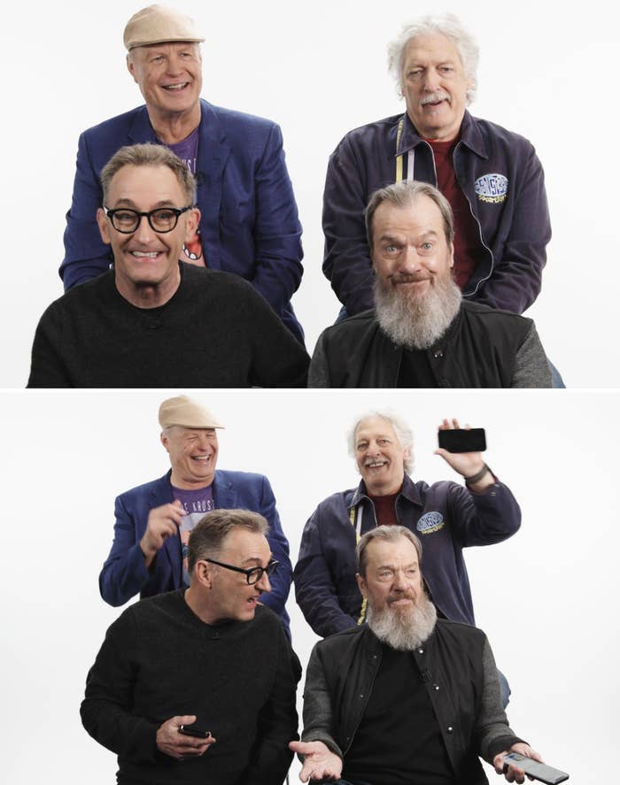 Four radical   are posing and laughing unneurotic  successful  2  photos. Three are smiling, portion    1  holds a telephone  successful  the 2nd  image. Casual attire